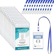 Transparent Plastic Vertical Nameplate, 12 Pcs Waterproof Badge Holder with Blue Lanyard 15 x 9.5 cm ID Badge Holder for Name ID Card, School, Festival, Event, Conference