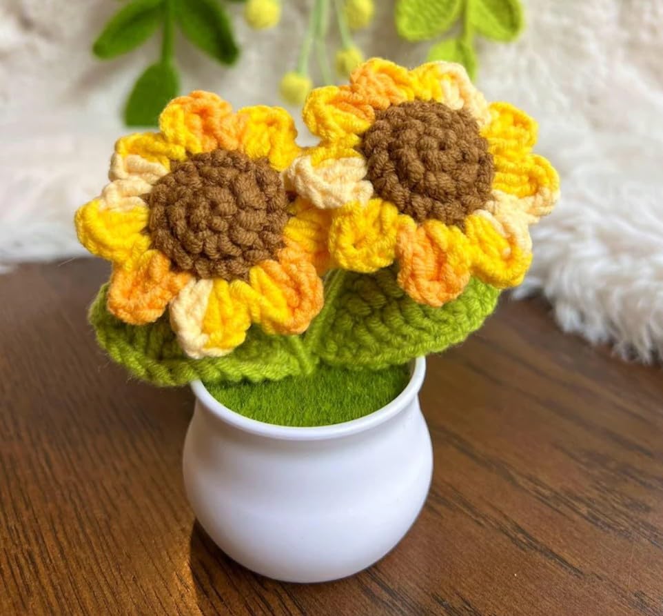 VRB DecTM 1 Pcs Crochet Flowers Artificial Twin Sunflower for Office Desk Car Dashboard Decor,Home Decoration,Festival,Office, Bedroom, Christmas Decor. (Twin Yellow Sunflower with Pot)