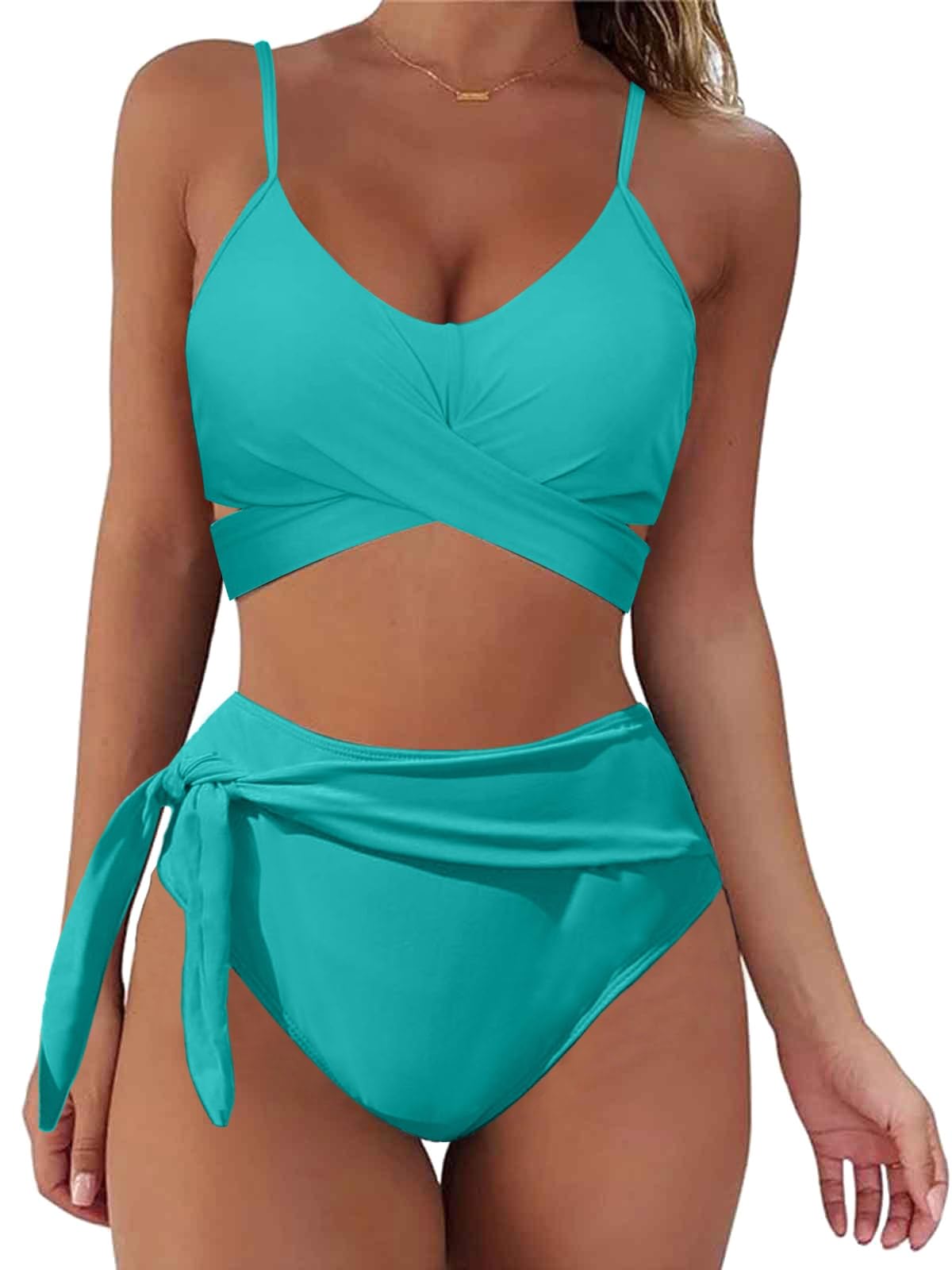 Yutdeng Conjunto de Bikini Mujer Sexy Cuello en V Bikinis Talla Grande Traje de Baño Mujer Dos Piezas Push Up Relleno Bañador Reductor Barriga Bikini Set Cintura Alta Swimwear Top Braga Bandeau Nudos