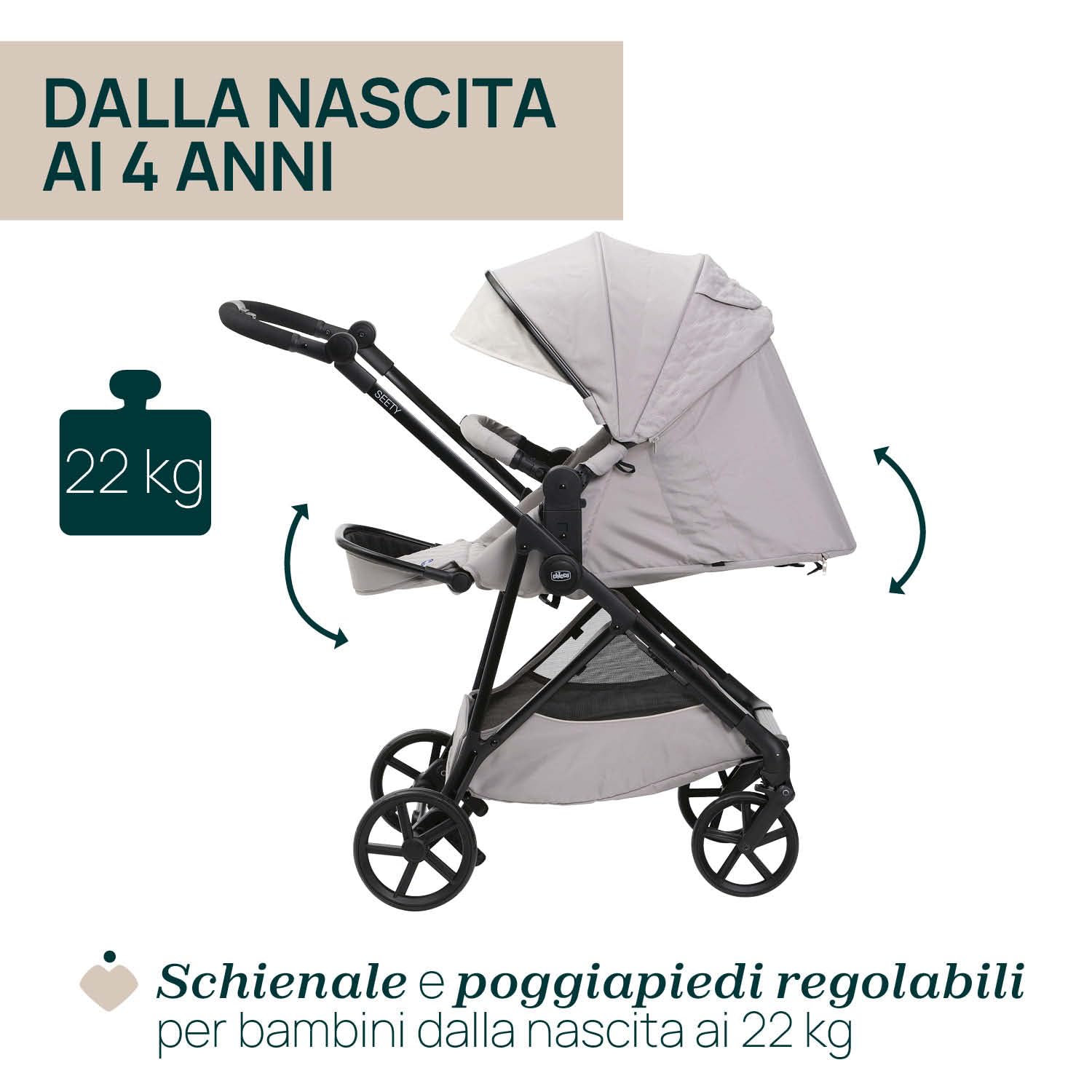Chicco Passeggino Seety, Passeggino Leggero e Compatto Da 0 Mesi a 4 Anni, Portata Max 22kg, Passeggino Pieghevole, Schienale Reclinable, Chiusura Automatica in 1 Gesto, Capotte Parasole e Parapioggia