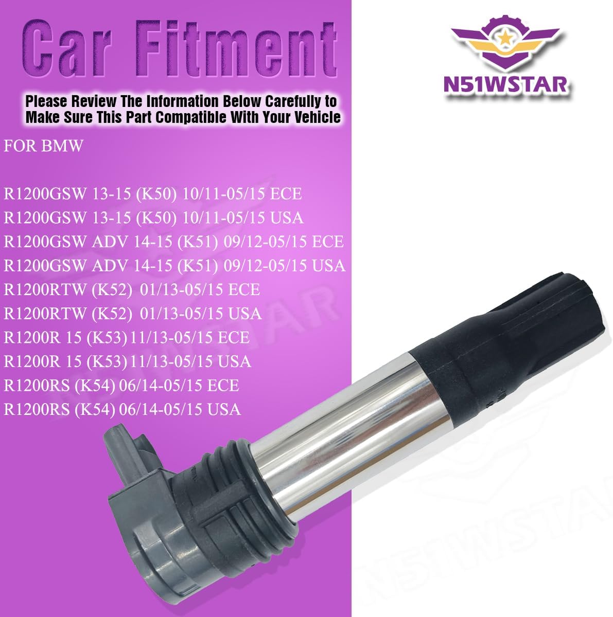 Ignition Coil Pack Set OF 1 Compatible With BMW R1200GSW K50 R1200GSW ADV K51 R1200RTW K52 R1200R 15 K53 R1200RS K54 Replacement For 12138526677 8526677-02 ZSE229 78443002 8534177