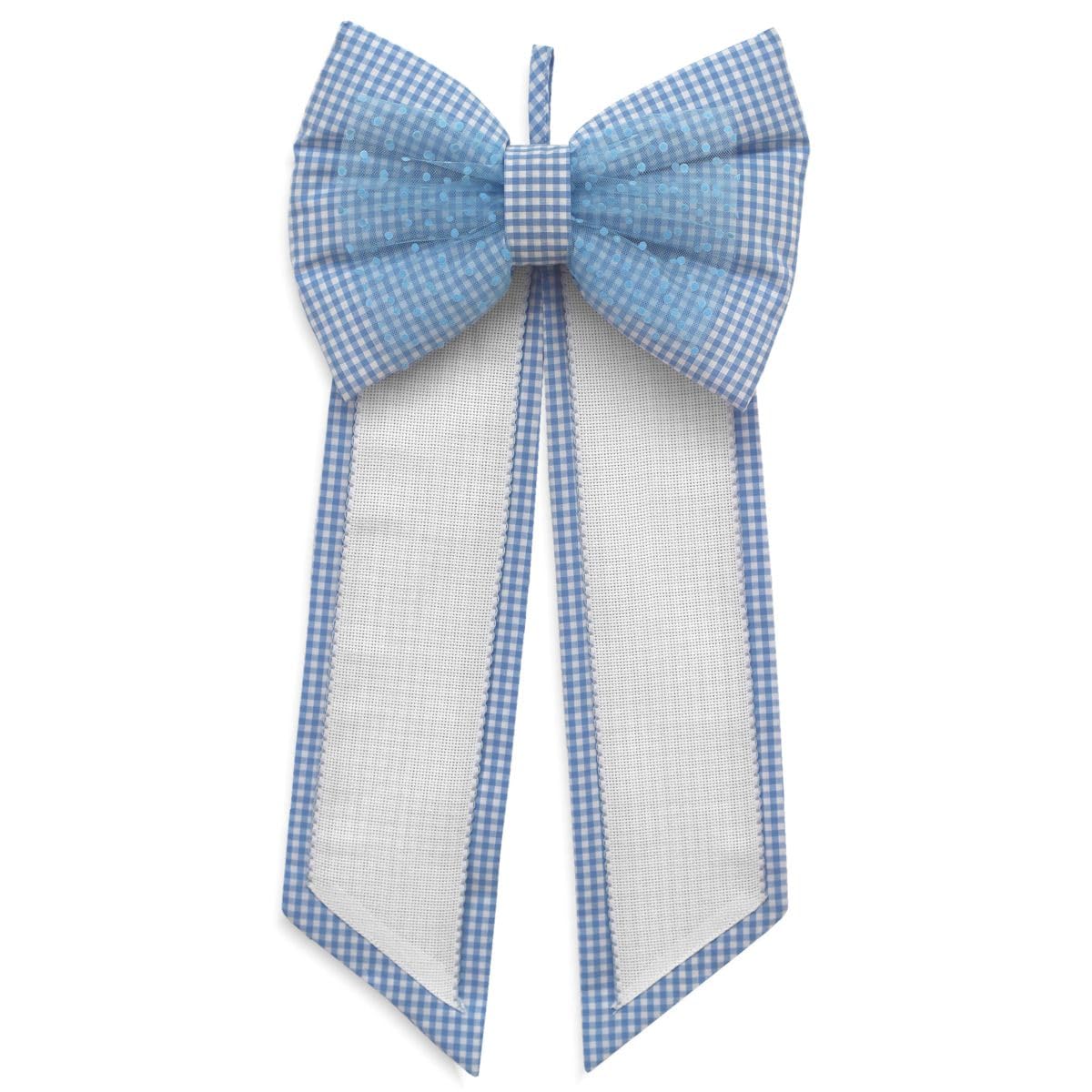 Fiocco Nascita da ricamare a punto croce, Coccarda Nascita da ricamare a punto croce, Banda in tela Aida, fantasia quadretto e fiocco in tulle con cuoricini (07 Azzurro)