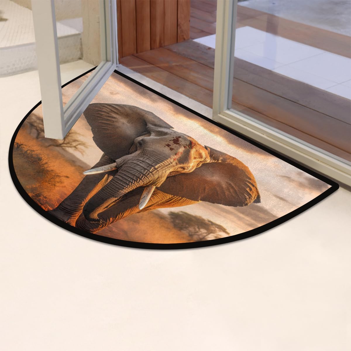 Half Round Door Mat, Non-Slip Entrance Welcome Mat for Indoor Semi Circle Bathroom Floor Rugs Outdoor Mats House Entry Way Heavy Duty Doormat for Kitchen Living Room 36x24 Inch African Elephant