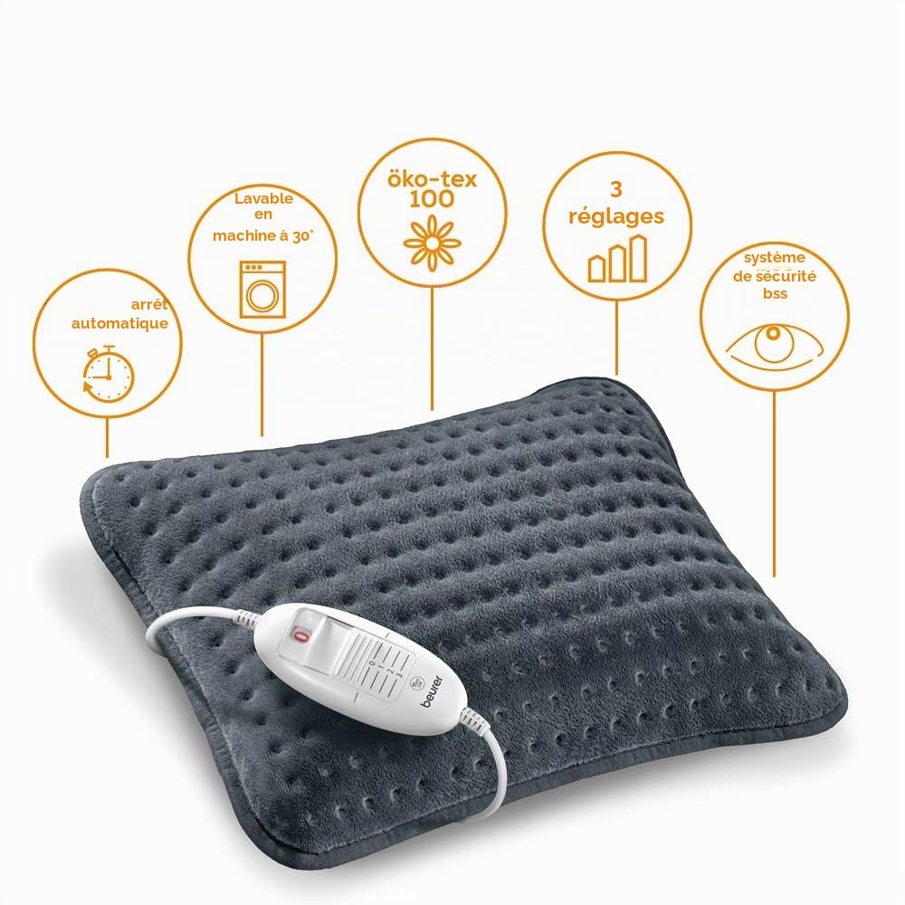 Beurer HK 48 Coussin chauffant 36 x 47 cm 3 puissances chauffage rapide lavable Oeko-Tex arrêt automatique gris