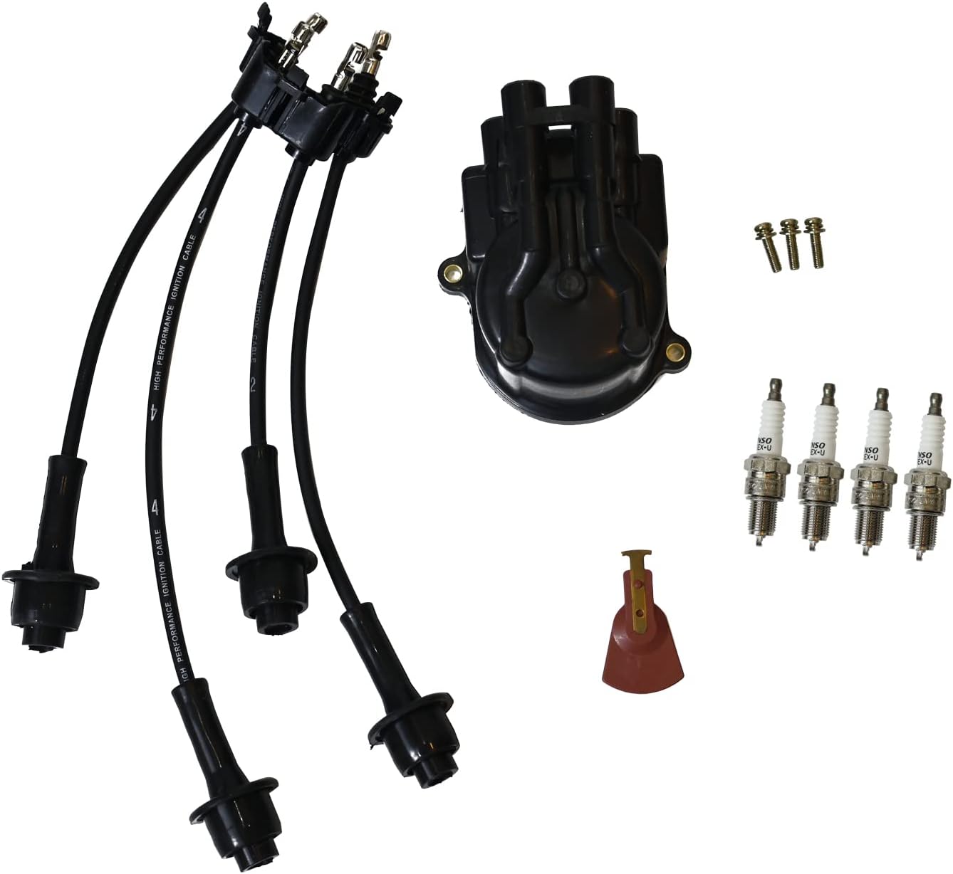 Tune Up Kit Distributor Cap + Ignition Rotor + Spark Plugs + Ignition Wire Set fits for Toyota Forklift 5FG 6FG 7FG Series w/ 4Y Engine