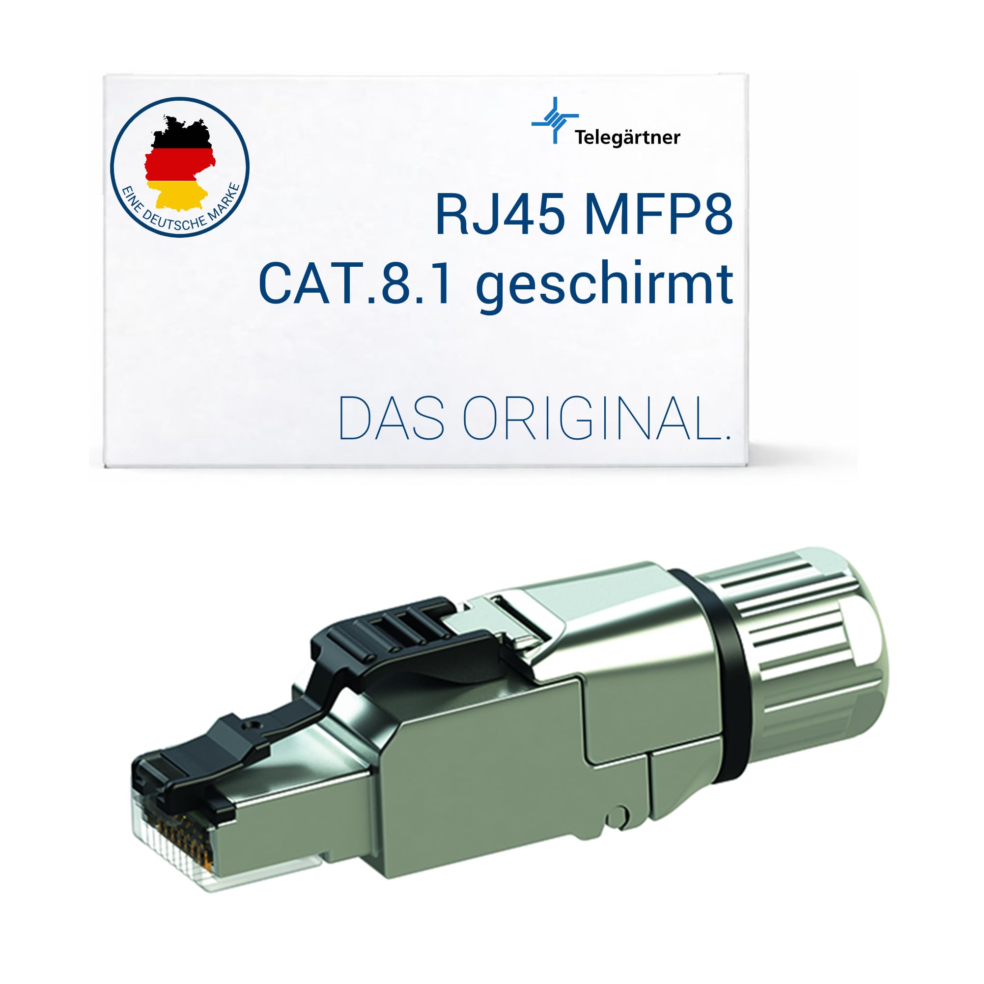 Telegärtner Modularer RJ45-Steckverbinder für Cat.8 10 Gbit Ethernet, geschirmt, einfach vor Ort in 60 Sekunden montierbar, Kabelzugentlastung geschraubt, IP20