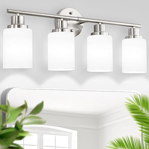 Miniatura 8 de Luces de tocador de níquel cepillado de 4 luces para espejo, lámparas de baño con pantalla de vidrio blanco lechoso texturizado, lámpara de pared