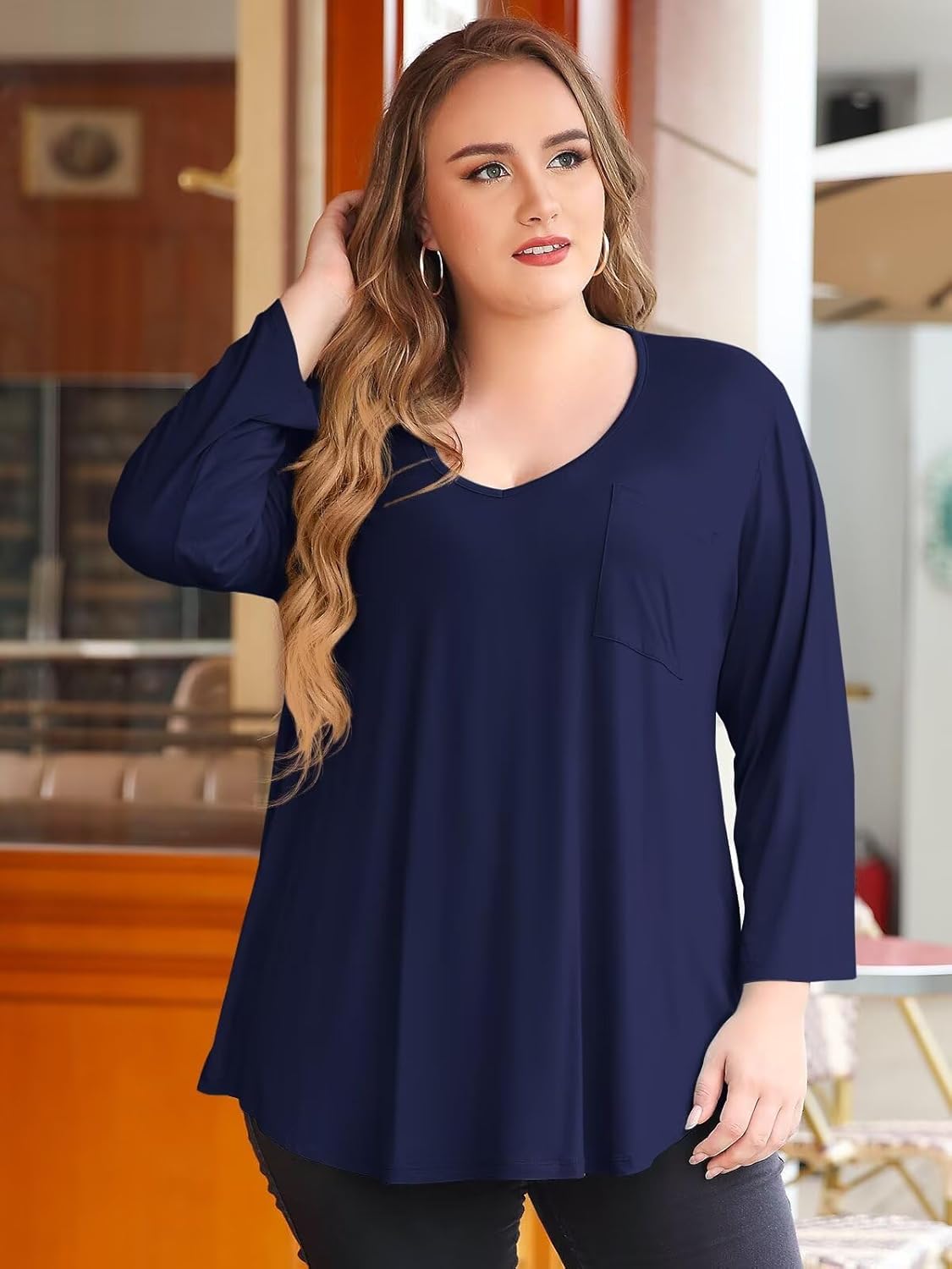 BELAROI Womens Plus Size Tunic Tops 3/4 Sleeve V Neck T Shirts Basic Tee Loose Blouses with Pocket - Image 2