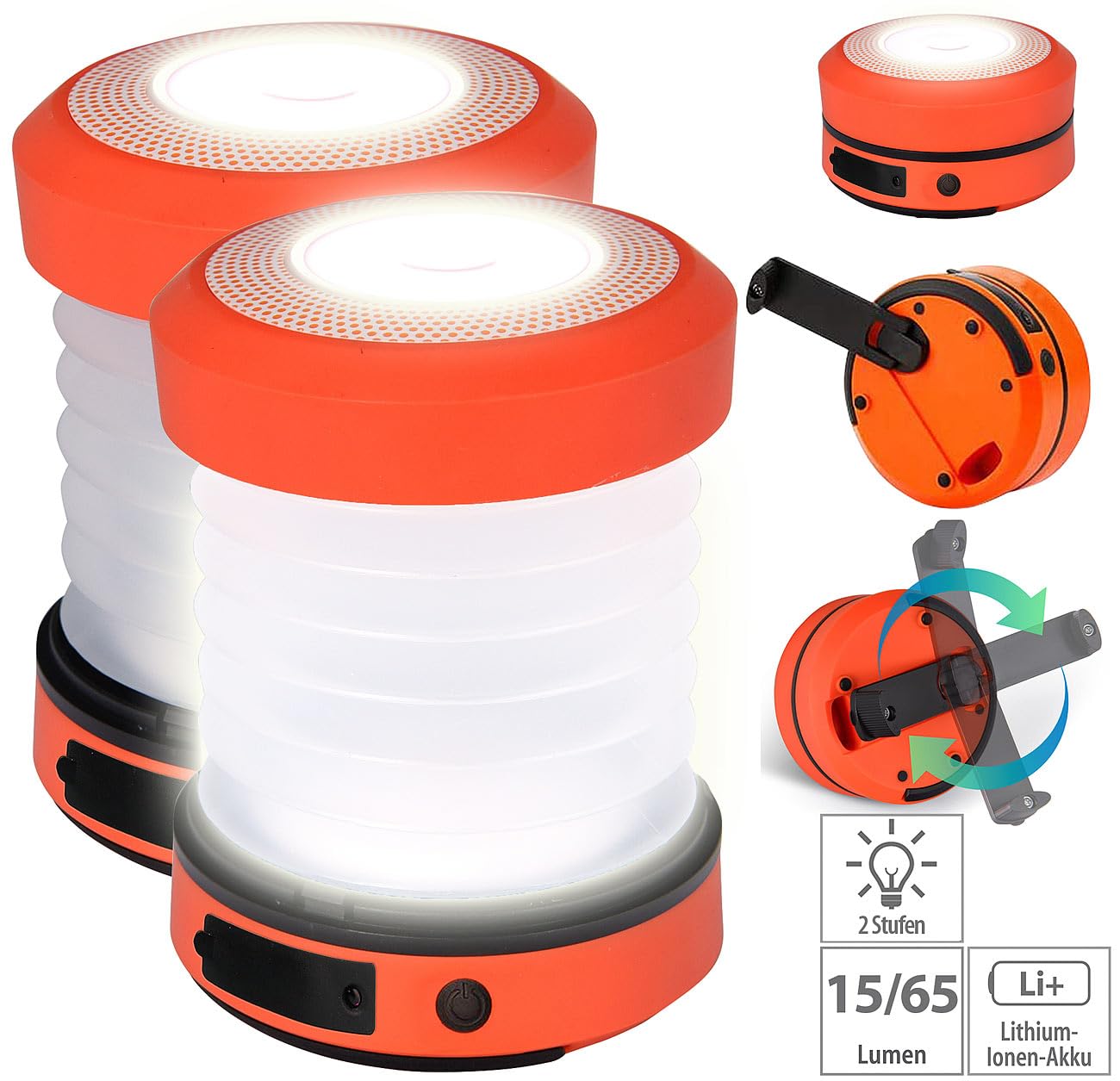 Semptec Urban Survival Technology Taschenlampe: 2er-Set Dual-Teleskop-LED-Campinglampe mit Dynamo-Handkurbel, 65 Lumen (Kurbellaterne, Camping-Leuchte, Zelt)