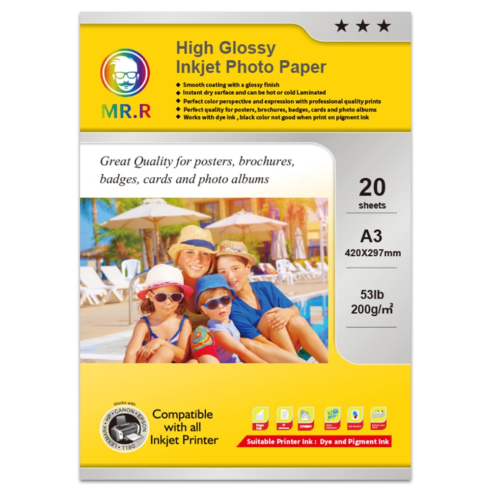 MR.R Inkjet Glossy Photo Paper 200 GSM A3 297 mm x 420mm x 20 Sheets for Epson Canon Inkjet Printer โ image 1