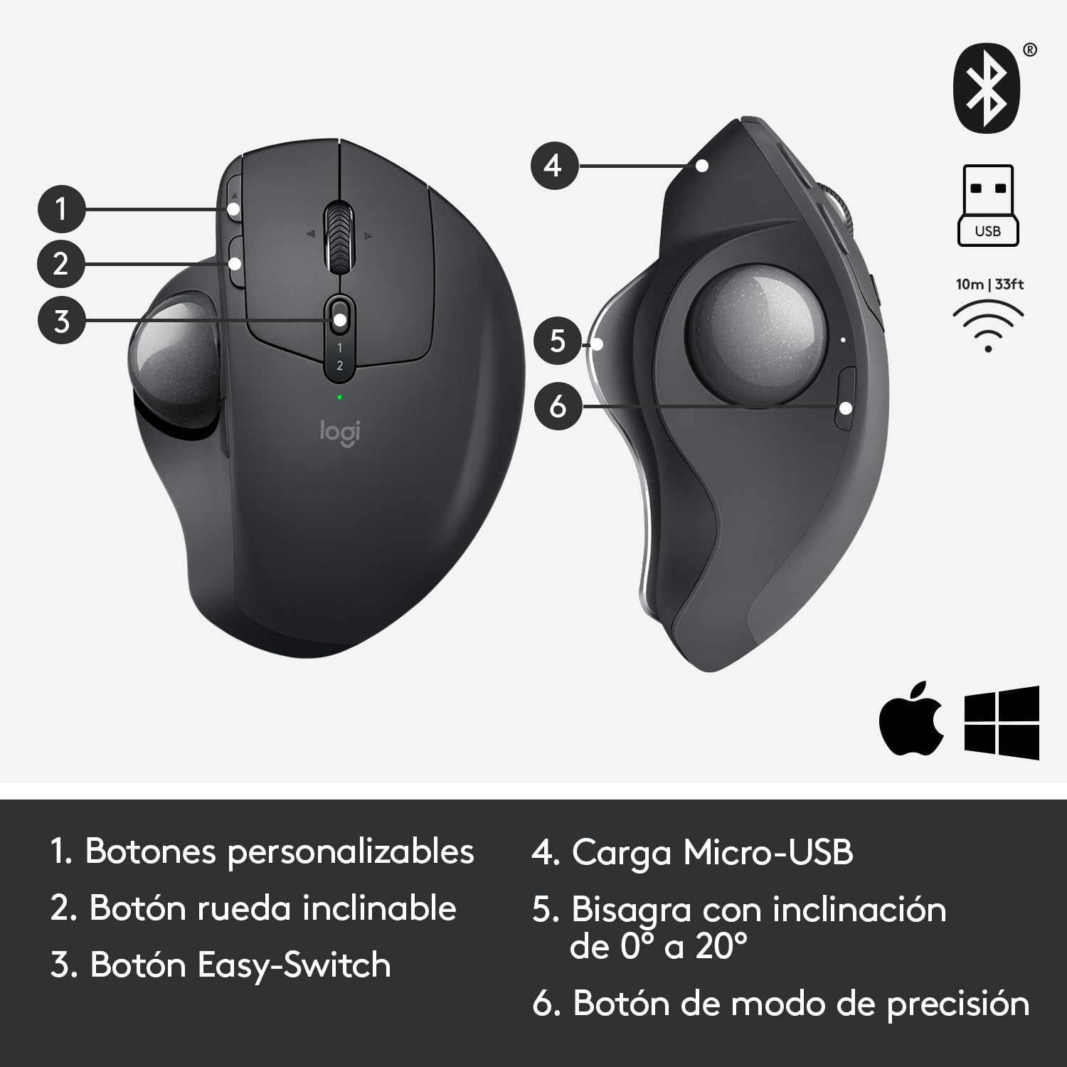 Logitech MX Ergo Ratón Trackball Inalámbrico Ergonómico | Trackball Bluetooth/2,4 GHz Unifying, ángulo ajustable, rueda precisión inclinable, PC/Mac/iPad - Negro