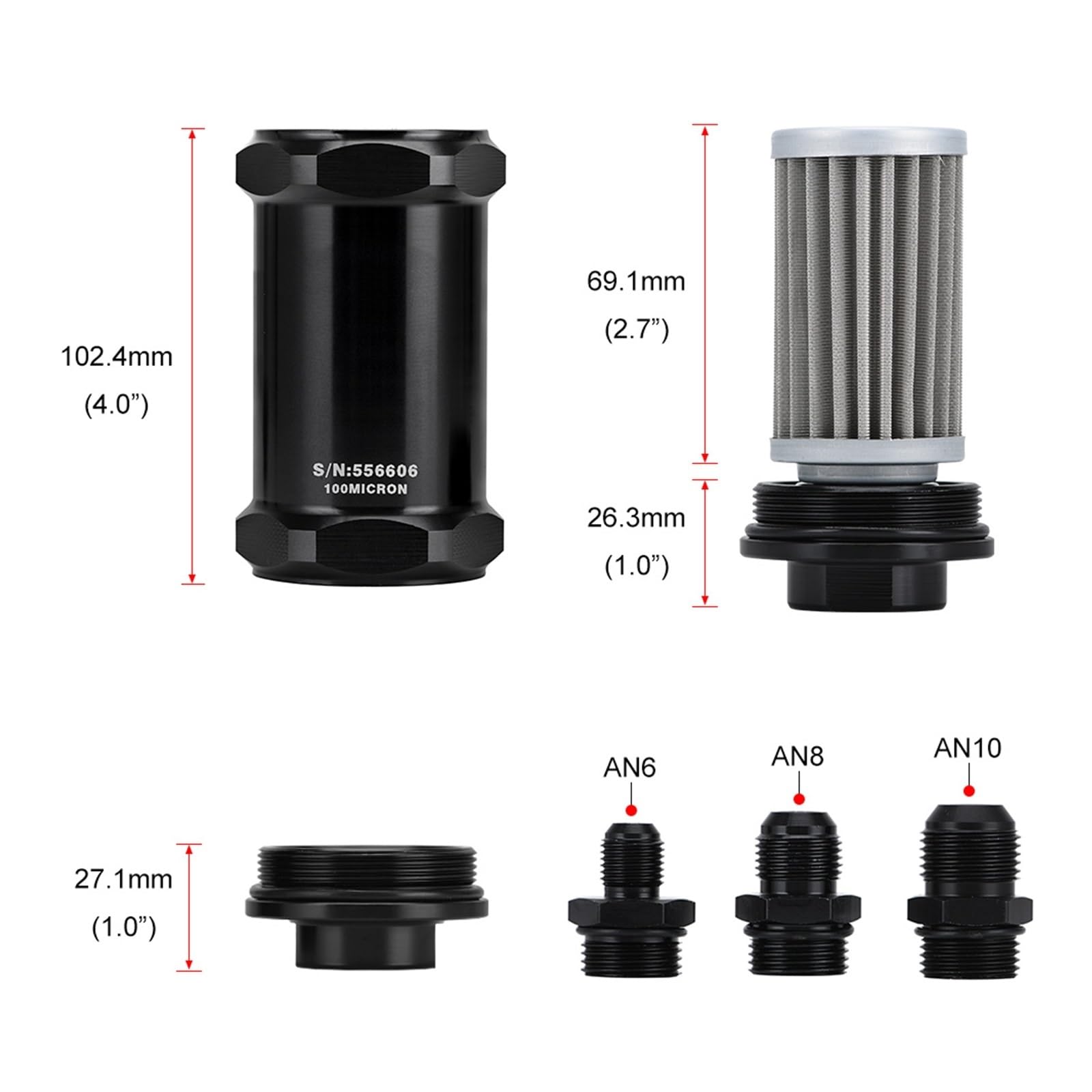 Filtro Carburante in Linea AN6 / AN8 / AN10 Nero Etanolo E85 con Elemento in Acciaio Inossidabile da 100 Micron e Adesivo (Color : Black AN10 Fitting)