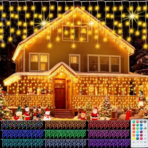 Pooqla Icicle Lights Outdoor Decoration, 300LED Color Changing Christmas LED String Lights with Remote, 8 Modes 30FT Hanging Fairy Lights for Roof Window Party Valentine's Day Decor