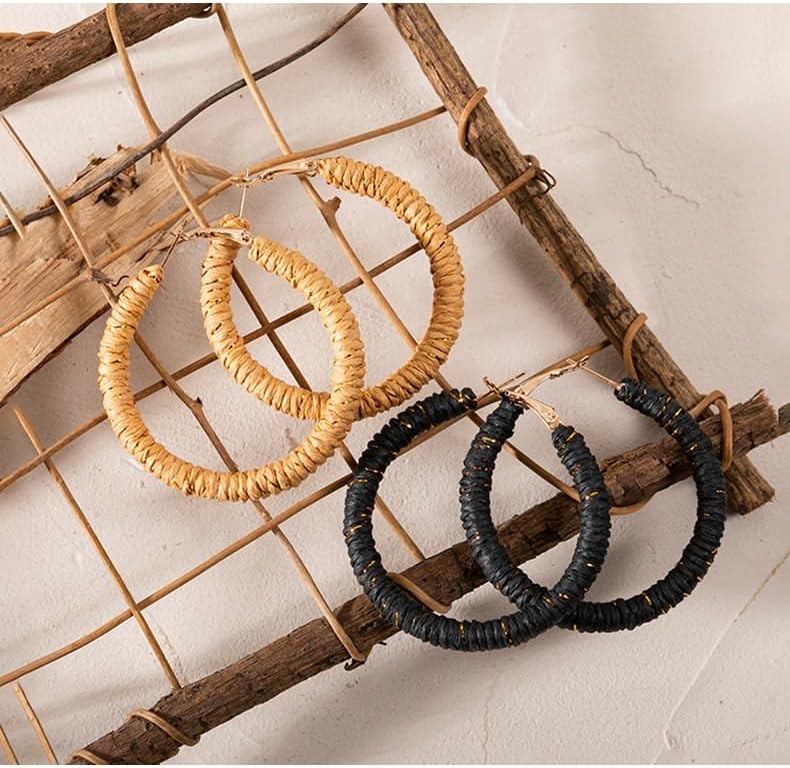 Rattan hoop Earrings Boho Raffia Woven Wicker Hoop Earrings Handmade Fashion Retro Rattan Earrings for Women Big Circle Dangle Earrings - Image 3