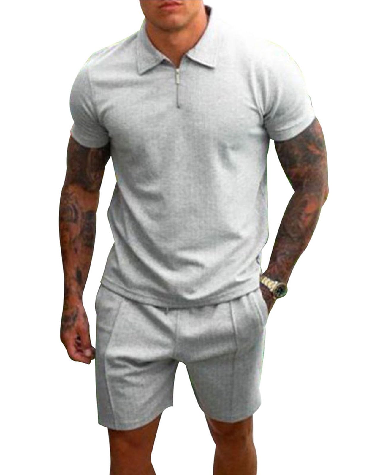 PRIVIMIX Hommes Survêtement d'été 2 Pièces Manches Courtes T-shirts Polo Jogging Ensemble de Chemises Pantalon court Business Tenue de Loisir