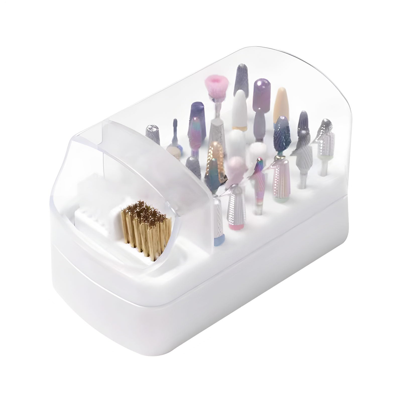 Scatola Per Pulizia Punte Per Unghie 2 In 1 - Contenitore Espositivo Bianco Da 30 Slot, Spazzola In Nylon | Supporto Per Fresa Antiscivolo, Custodia Per La Pulizia Della Polvere Per Punte Da