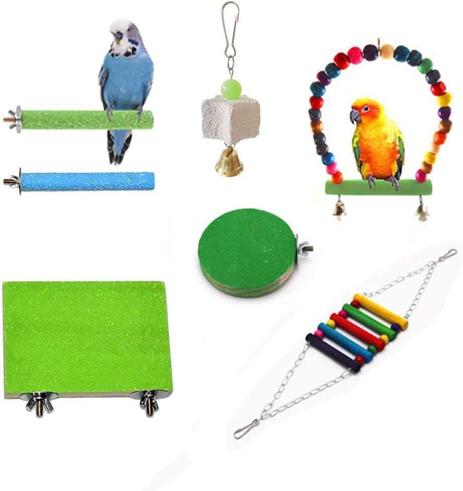 Fudid 7Packs Bird Swing Toys, Bird Perch Stand Platform Parrot Chewing Hanging Perches with Bell, Pet Birds Cage Toys Suitable for Small…