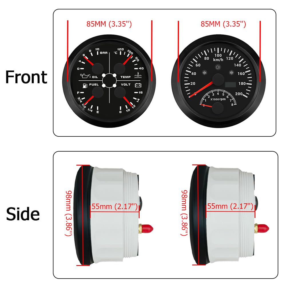 ELING Compteur de vitesse GPS 2 en 1 de 85 mm 200 km/h compteur kilométrique avec tachymètre compte-tours du moteur avec niveau de carburant multifonction 4 en 1 pression d'huile