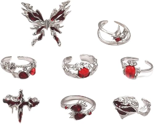 Juego de anillos de nudillos plateados vintage para mujer, anillo de mariposa roja con piedras preciosas rojas, anillo punk gótico de araña, anillos