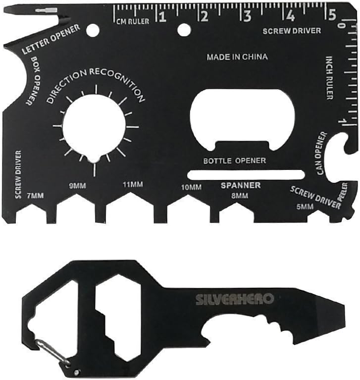 15-in-1 Credit Card Tool and Keyring Tool Set, Sleek Minimalist Stainless Steel Wallet Card - Bead Blast Black - Easy carry