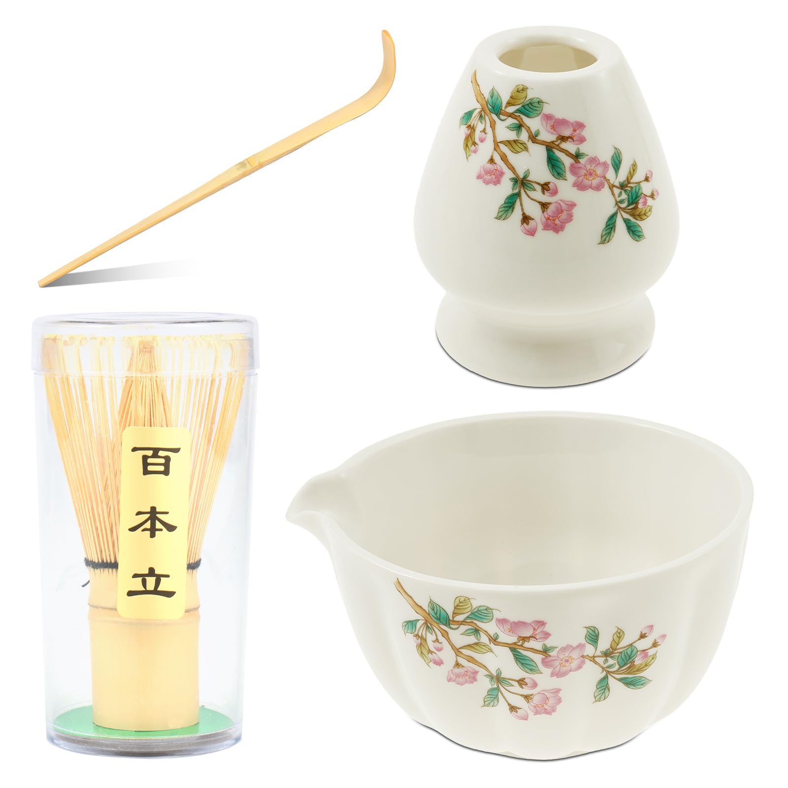 Matcha Whisk and Bowl Kit with Holder Sturdy Elegant Versatile Japanese Tea Making Kit Matcha Whisk Set for Tea Trip Home Use(White,4-Piece Set)