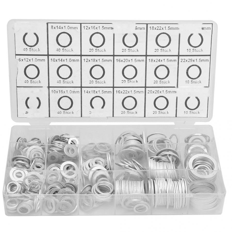450 pcs 18 Sizes Oil Drain Plug Aluminum Washer Gasket Assortment Set with Plastic Box Lock Assortment Set