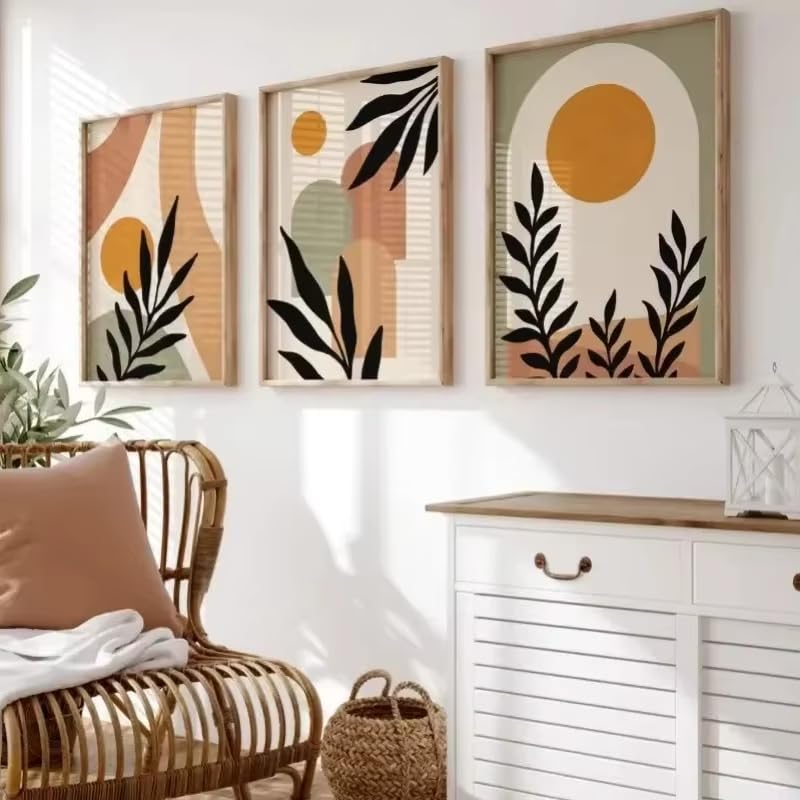 DFZEWKI Tableau abstrait bohème beige et vert terracotta, style nordique, sur toile, motif feuilles, bloc, affiche pour chambre (70 x 90 cm (26 x 35 po) x 3)