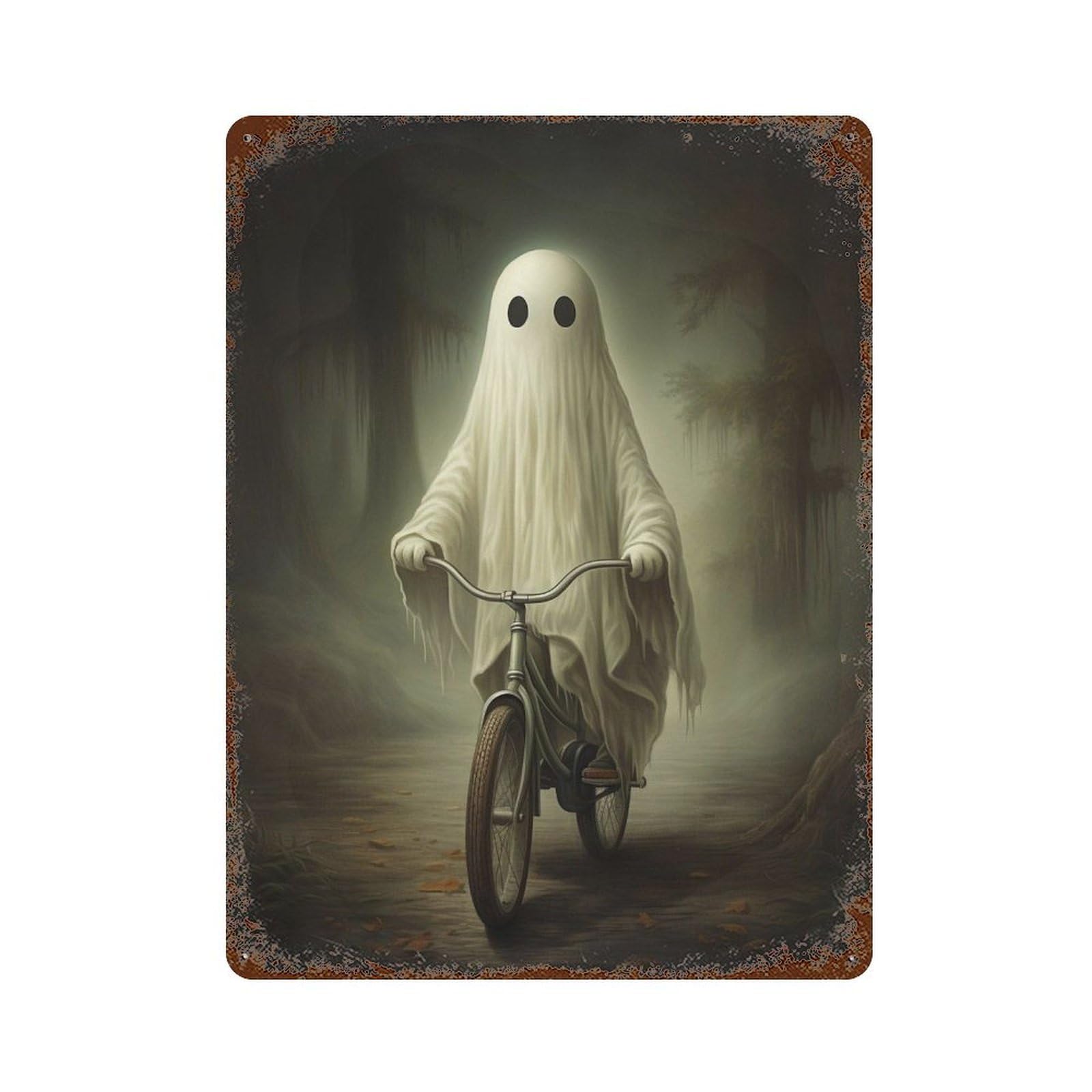 Ghost on Bicycle in Forest Decorative Tin Sign 15.7"x11.8", Vintage Wall Decor for Garage, Pub Or Kitchen