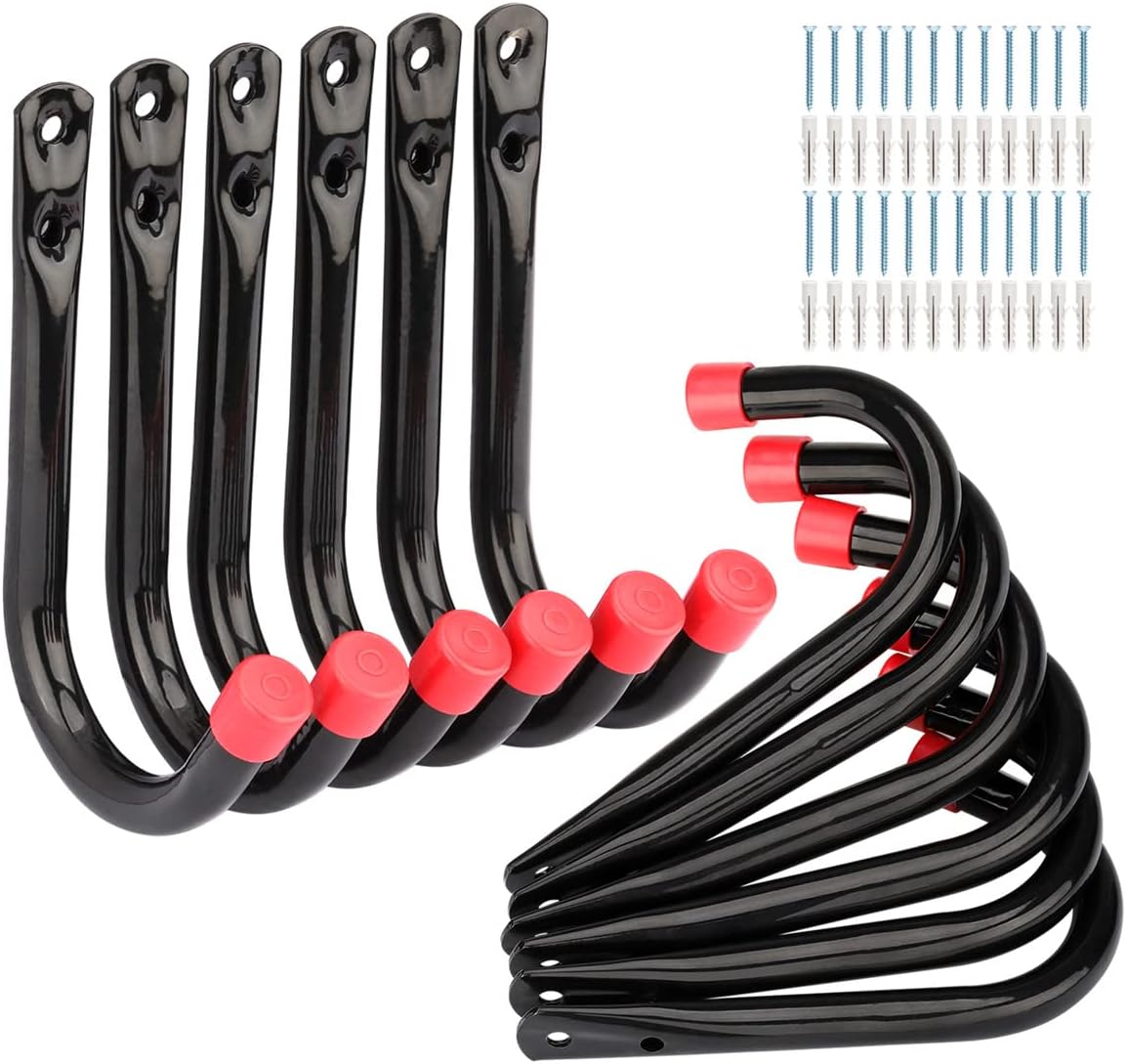12 Pack Heavy Duty Steel Garage Storage Hooks, 3.5Inch Wall Mounted J Utility Hanger by Naikozmo, Holds Up to 50LB Black + Red