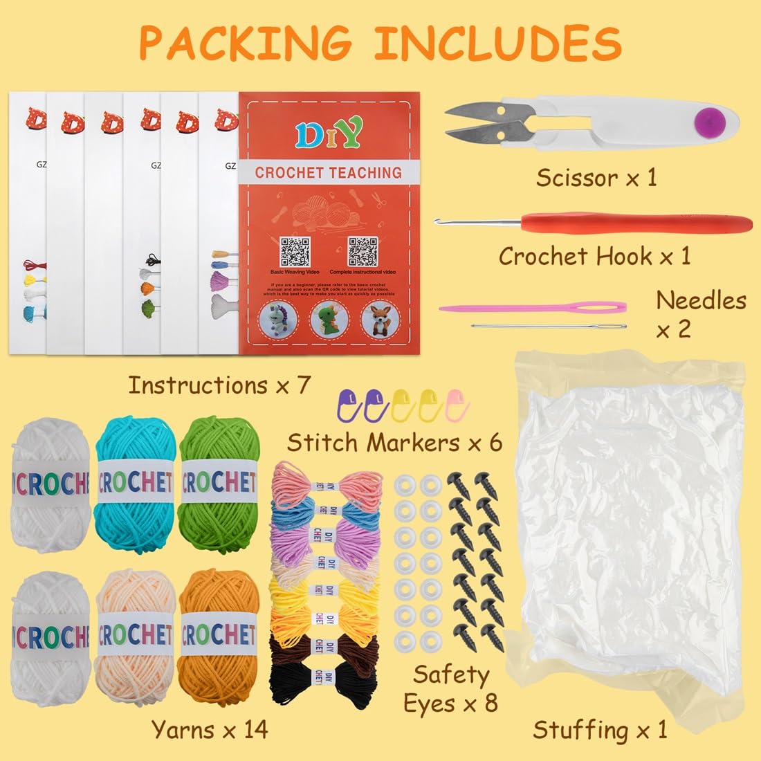 Kit de ganchillo de 6 piezas para principiantes, kits de animales de ganchillo, kit de tejer para niños y adultos con tutoriales de videos paso a paso, kit de tejer para niños, gran regalo de
