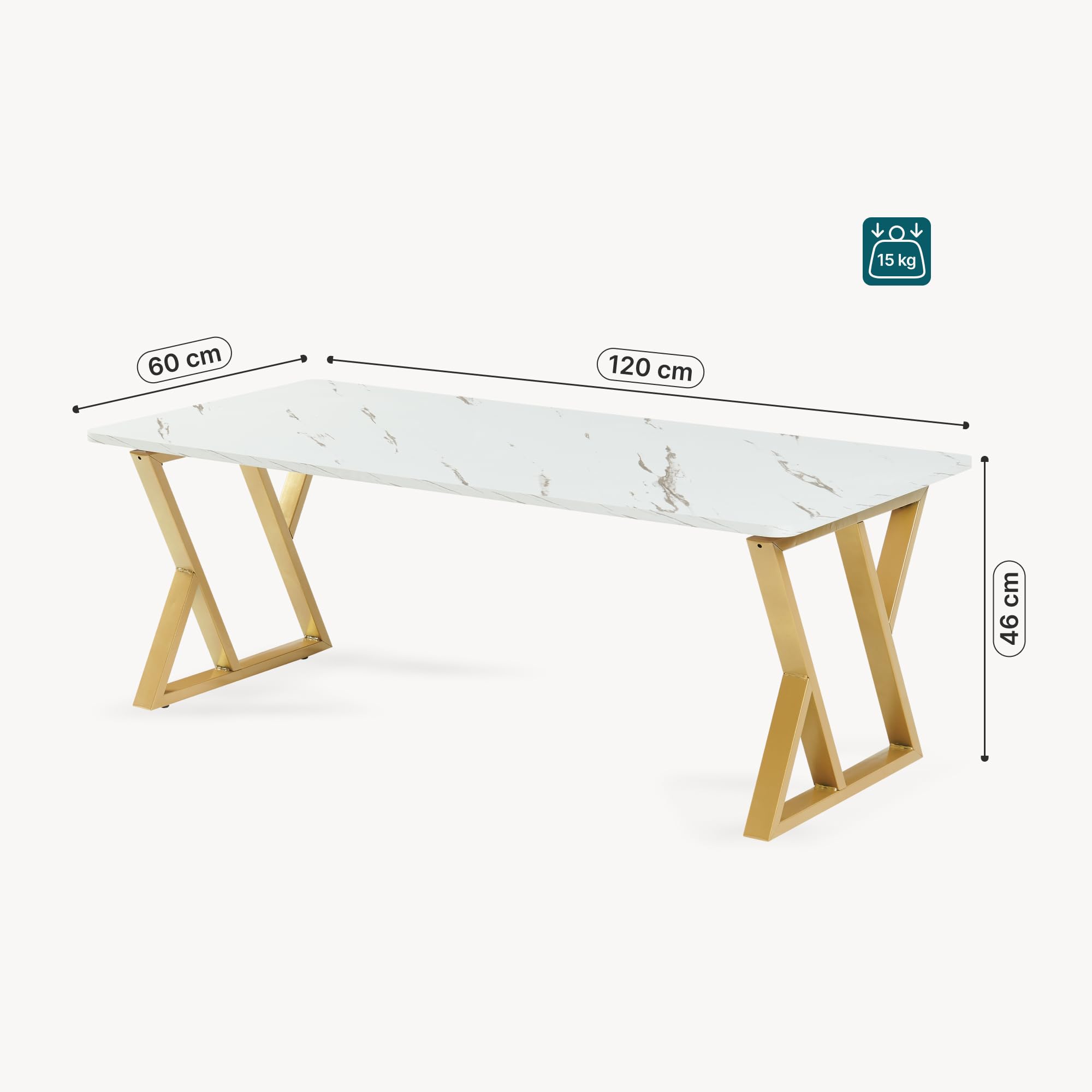 [en.casa] Couchtisch Nolu 120x60x46 cm rechteckig Gold/Marmoroptik, weiß | Beistelltisch, Wohnzimmertisch, Metallgestell, Sofatisch, Kaffeetisch