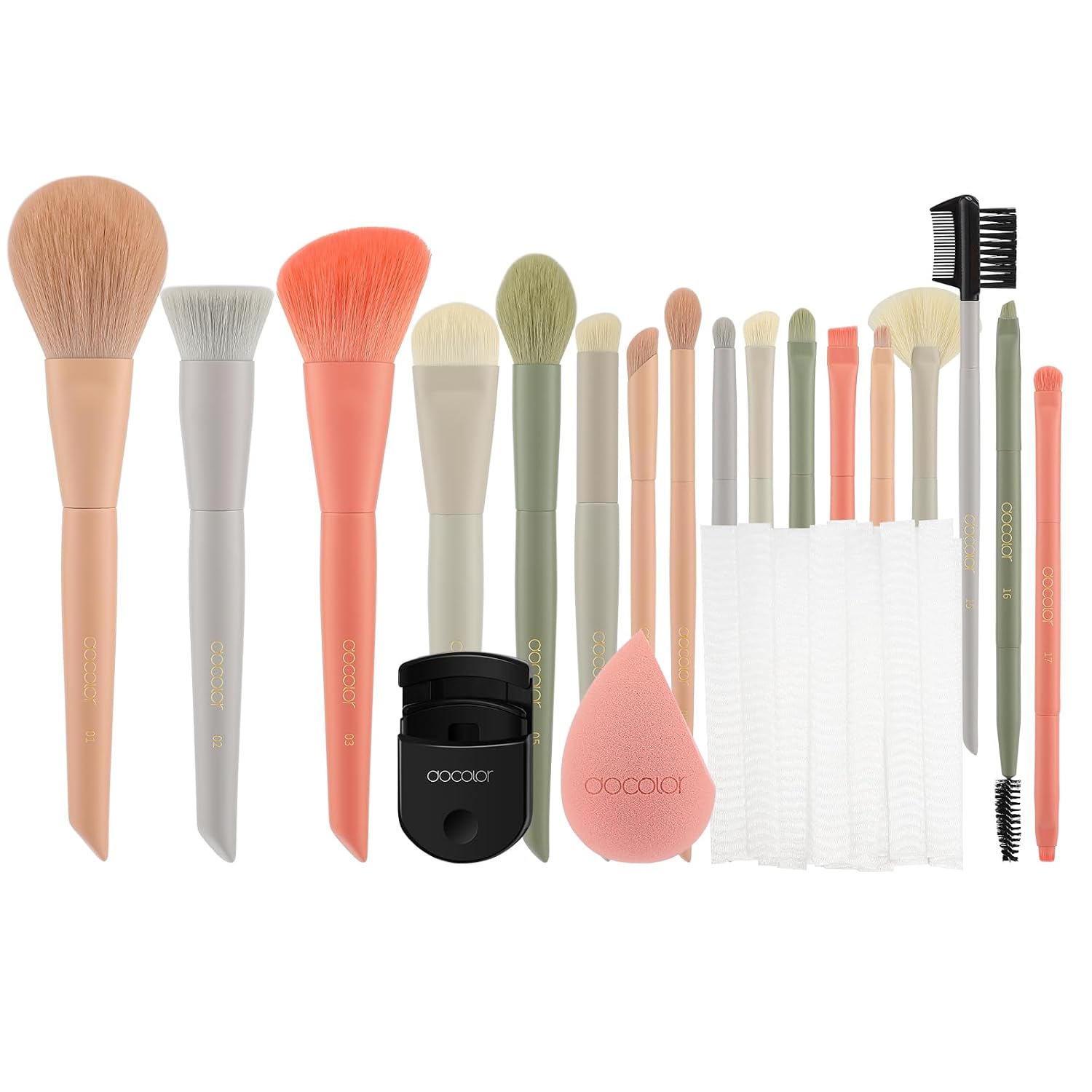 Docolor Makeup Brushes Set 17Pcs Morandi Makeup Brushes with Makeup Bag and Makeup Sponge and Brush Protector + Eyelash Curler Portable Lash Curler with 1 Silicone Refill Pads