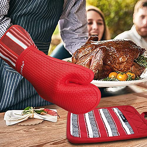 Alselo Silicone Oven Mitts Heat Resistant 550 Degree, Extra Long Kitchen Mittens With Non-Slip And Waterproof Pot Holders For Baking Cooking Barbecue Microwave Machine Washable(Extra Long Red, 2) #TOP2