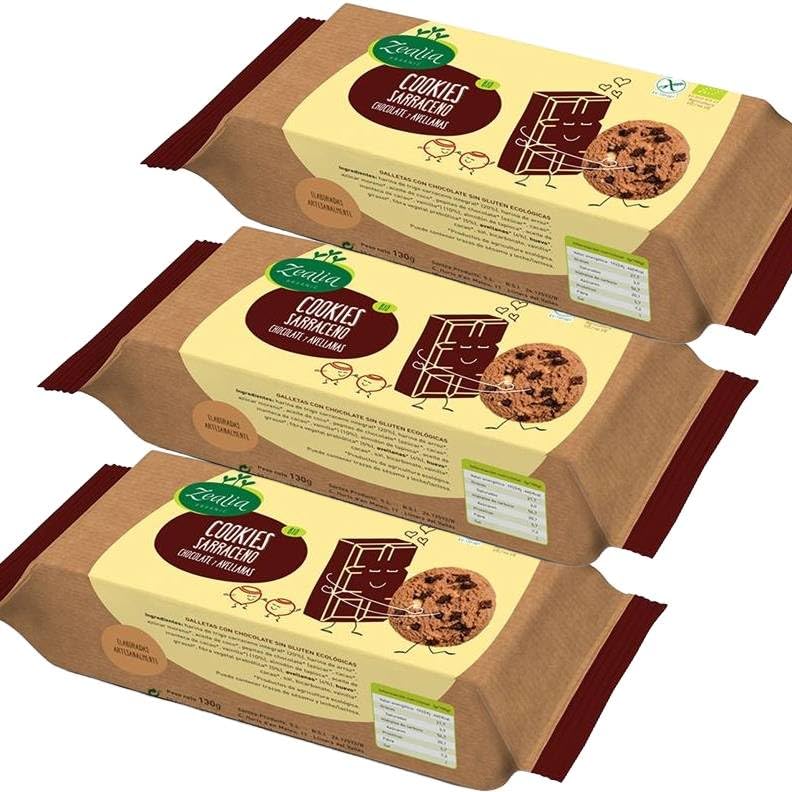 Pack 3x Cookies de Sarraceno con Chocolate y Avellanas Bio 130g | Zealia | Galletas Ecológicas Sin Gluten | Apto para Celíacos