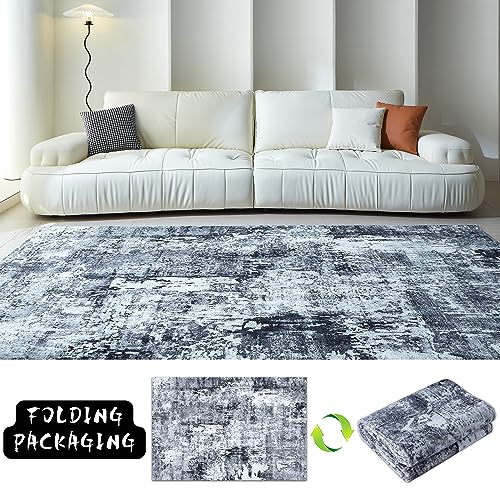 6x9 Rug Washable Bedroom Rug Large Soft Area Rug Abstract Pattern Non-Slip Faux Wool Vintage Rug for Living Room, Farmhouse, Dining Room, Kids Playroom, Grey and Black
