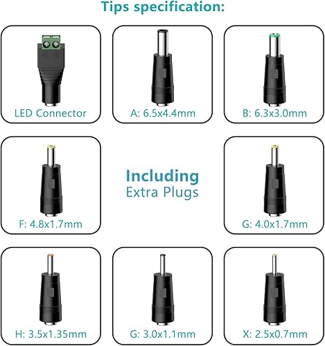 Miniatura 5 de Adaptador de CA de fuente de alimentación de 12 V, 2 A, 1 A, con 8 puntas, regulado, 12 voltios, 2000 mA, cable de cargador de repuesto para tira de