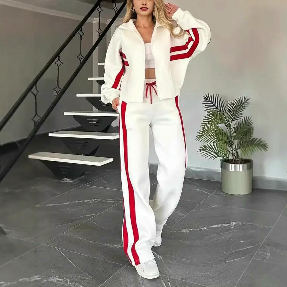 SLJYM Women Two Piece Set Pants Sets Striped Jacket Matching Sets Tops Tracksuit Autumn Spring Long Pant Casual Outfit Suits