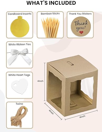 Miniatura 4 de Cajas de manzana caramelo con agujero, paquete de 12, cajas de papel kraft brillante de 4 x 4 x 4 pulgadas con bordes festoneados, suministros de