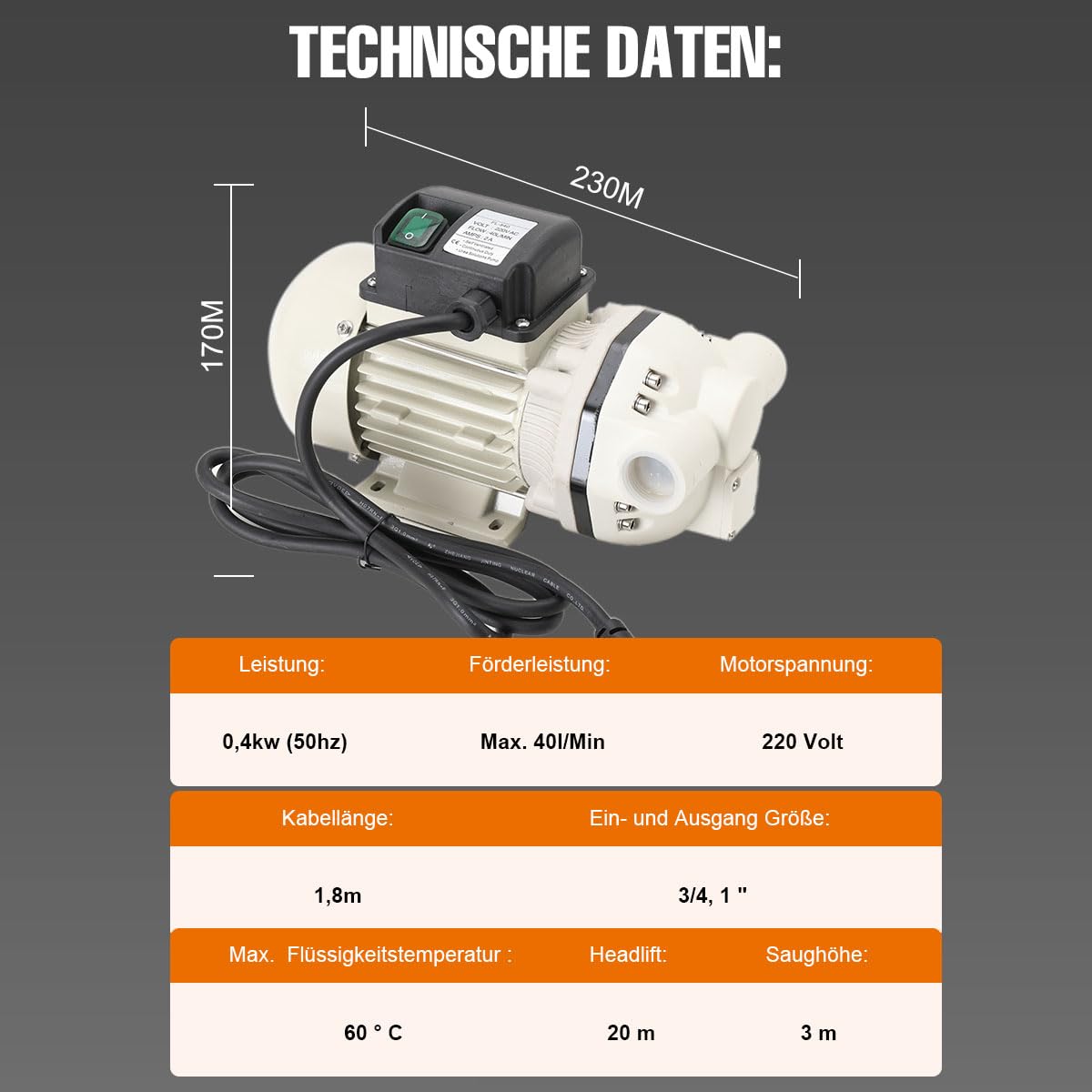 40L/Min Ad-Blue Pumpenset Urea pump Harnstoff pump Fasspumpe Selbstansaugend Pumpe Anschlussstücke Membranpumpe 220V - 0,4KW (50Hz) mit 4 Tüllen und 2 Schellen, 2950 RPM, 1,8m Kabellänge