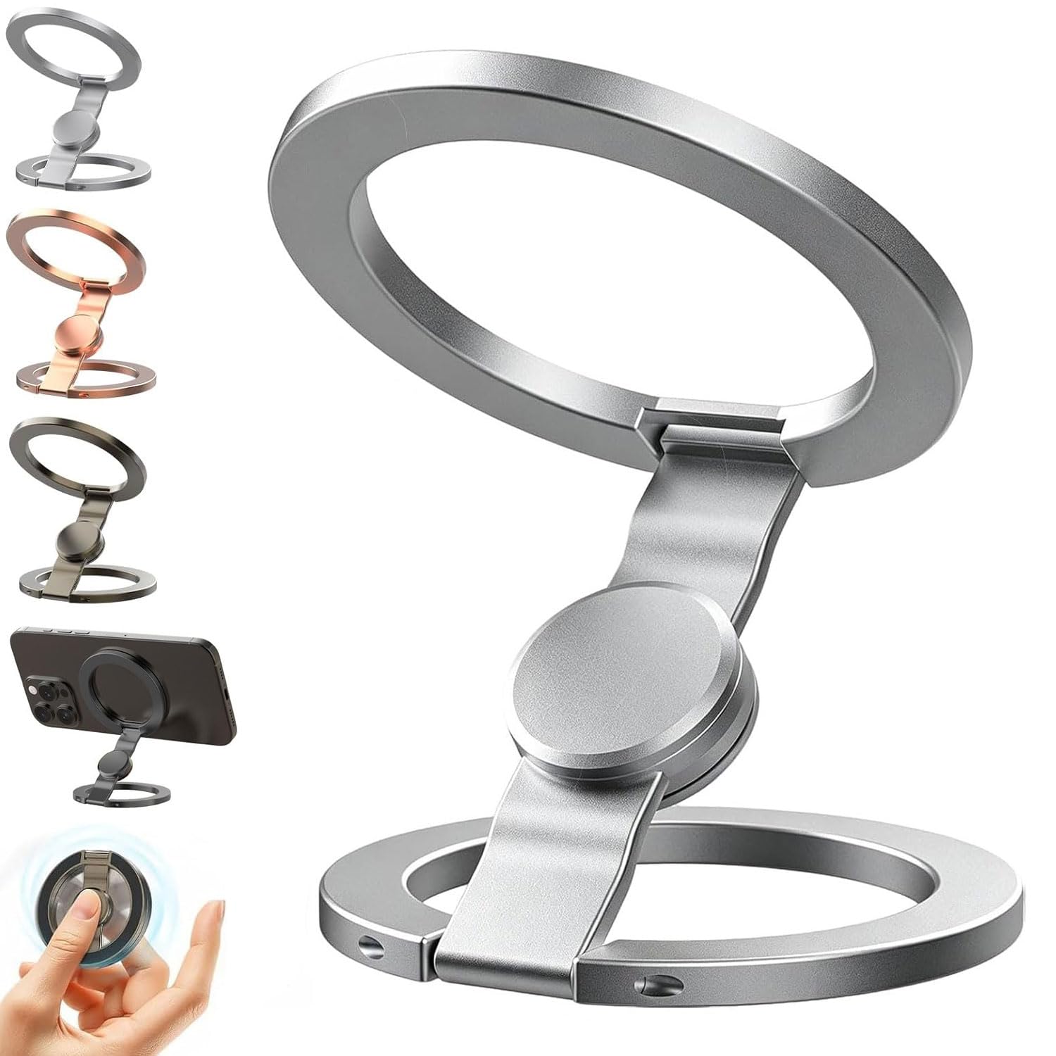 Double-Sided Magnetic Fidget Spinner Stand,Foldable Magnetic Ring Phone Mount,Mobile Phone Holder Car Magnet with 360° Rotating Fidget Spinner,Magnetic Phone Stand for Desk,Car,Gym & Travel (Silver)