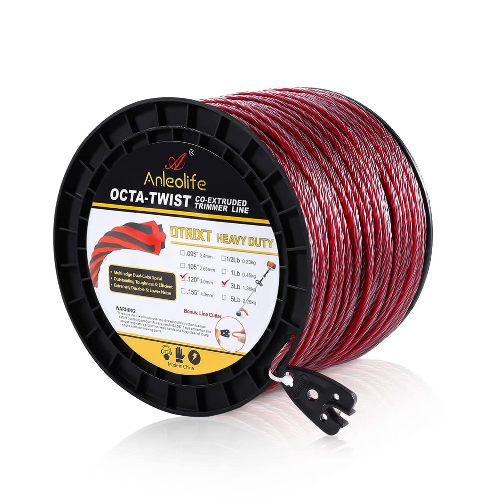 A ANLEOLIFE3-Pound Heavy Duty Octa-Twist .120-Inch-by-656-ft Trimmer Line Spool,OTRIXT Co-Extruded Multi-Edge Spiral Weed Eater String, Red