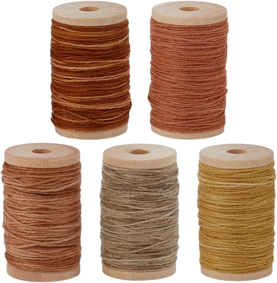 INFUNLY 5 Roll Sashiko Yarn Kit with Wooden Spools 273.4 yds Cotton Sewing Thread kit 5 Colors Natural Plant Dyed Floss 0.8mm Thick Japanese Embroidery Thread for Quilting Pick Stitching 1.41 oz