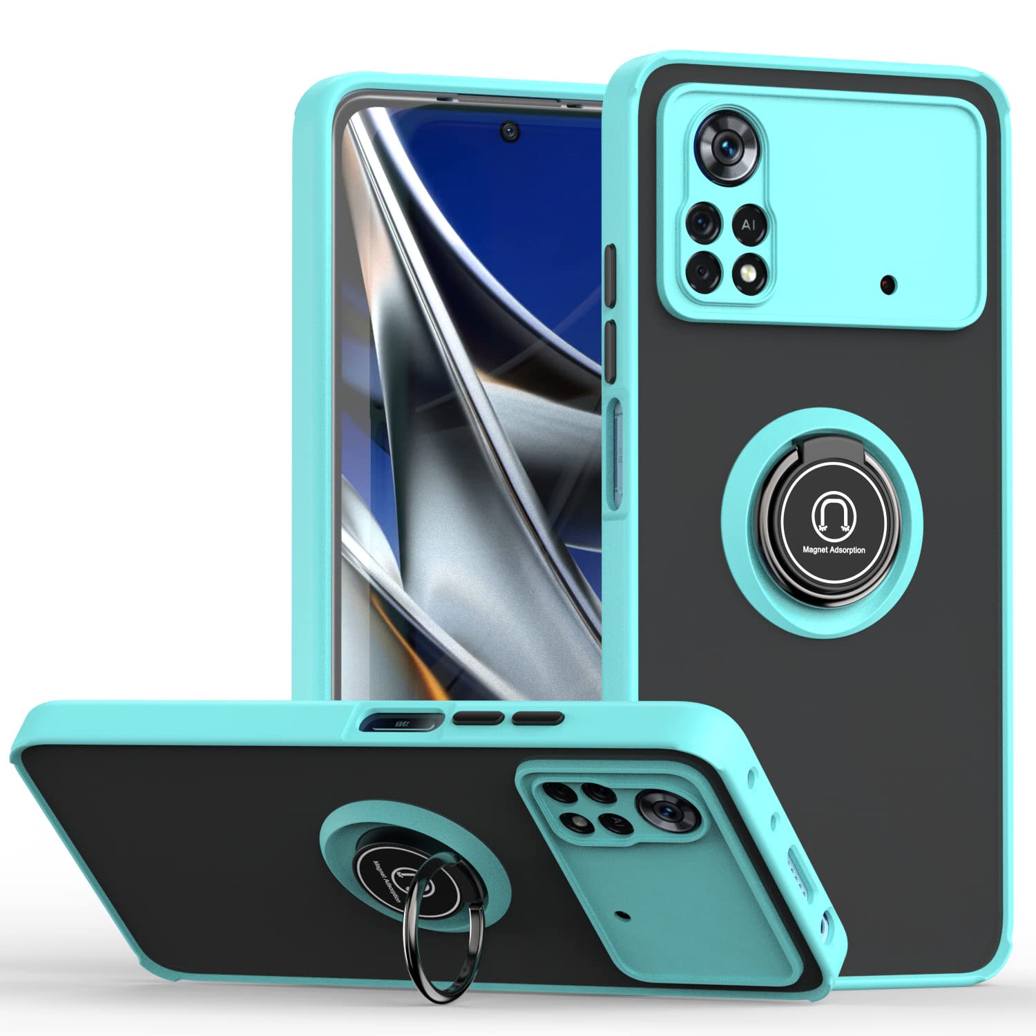 XINYEXIN Cover per Xiaomi Poco F6 Pro 5G, Traslucida Custodia Antiurto Antigraffio con Supporto Anello a 360°, PC + TPU Bumper Case - Blu Reale