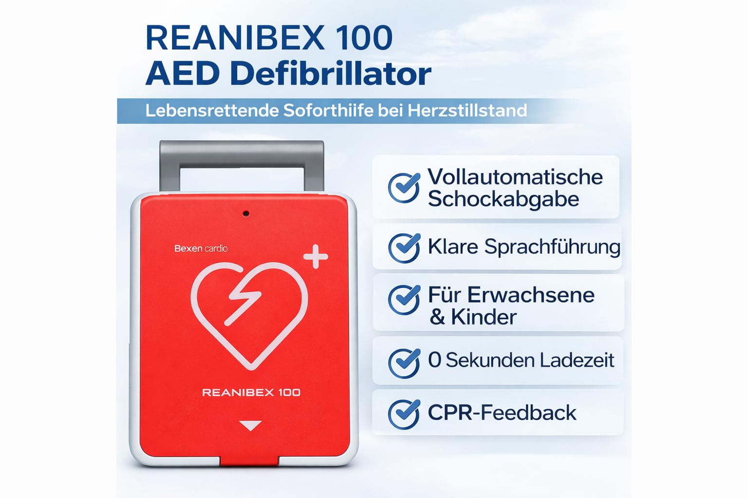 Reanibex 100 AED Defibrillator 2026 vollautomatische Schockauslösung, für Zuhause, im Betrieb, Kleinkindertaste, Ladezeit 0 Sekunden, 7 Jahre Garantie, Sprache DE/UK/FR, Erste-Hilfe Set