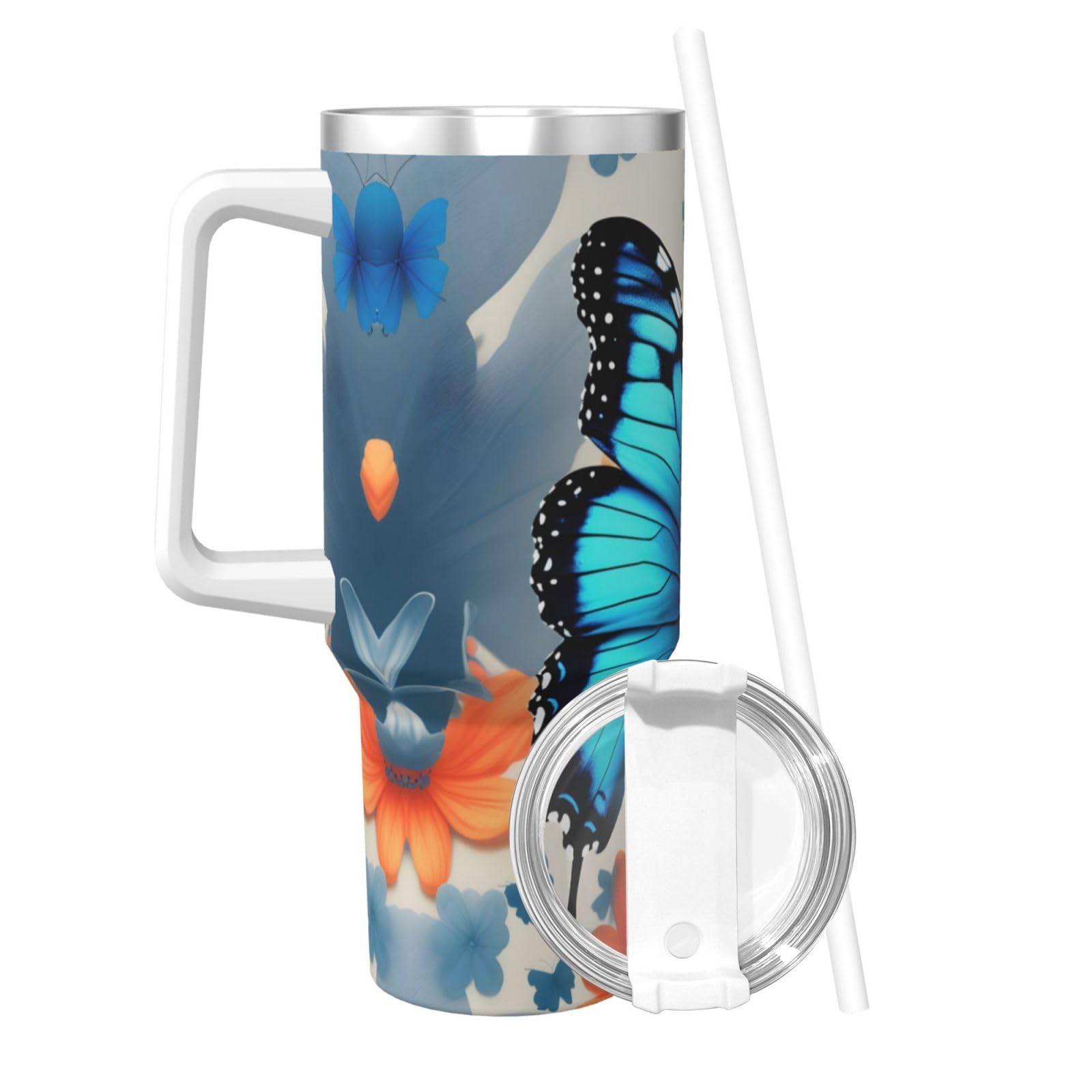 Blue Butterfly Ice Bully Doppelwandige isolierte Wasserflasche mit Griff und Strohhalm-Deckel, 1,2 l