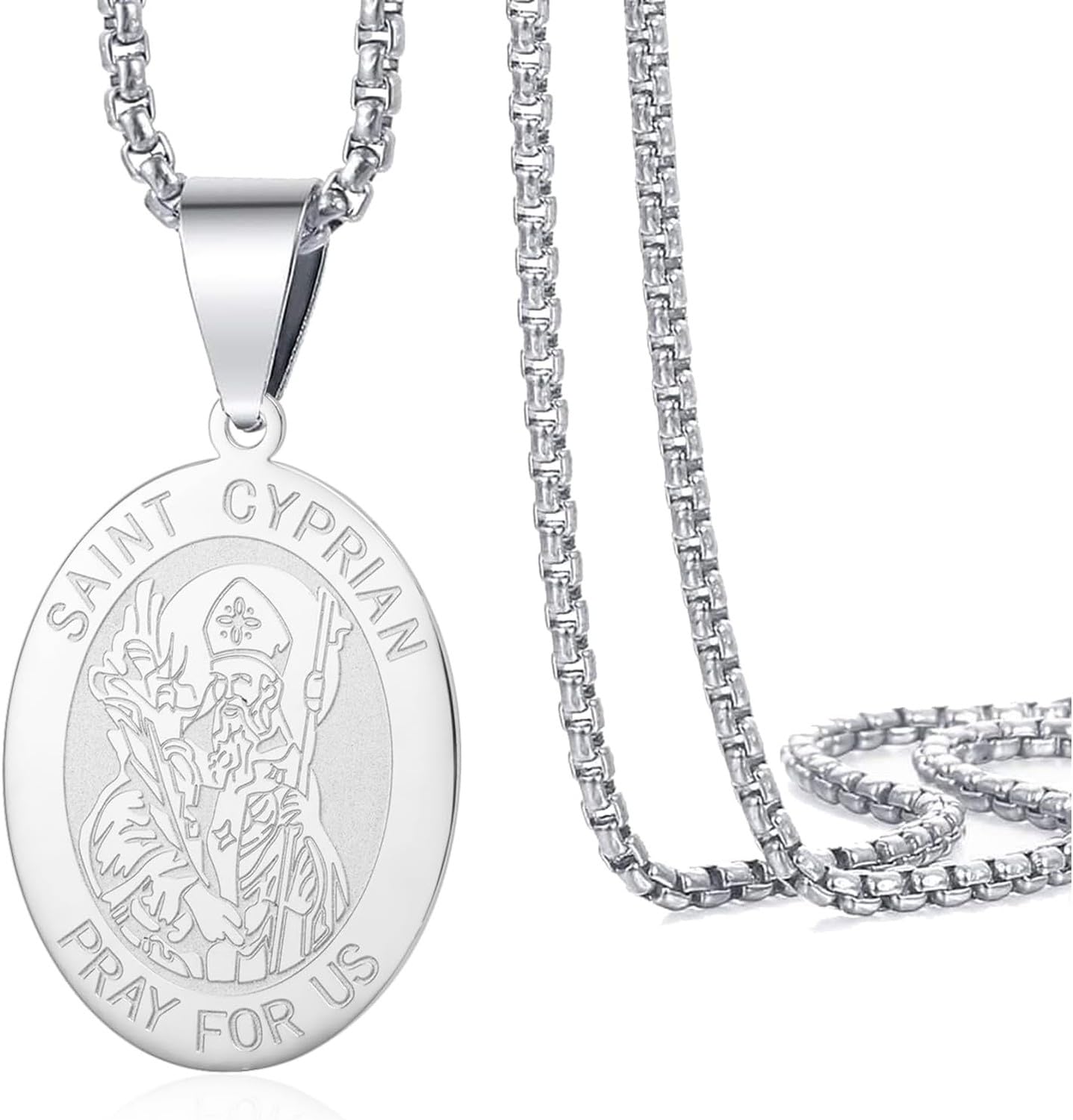 LGBBTI Protection Pendant Amulet Necklace Saint Michael Archangel Medallion Medal Jewelry Patron Miracle Coin Charm Engraved Gifts for Men Women, Silver St Cyprian Necklace