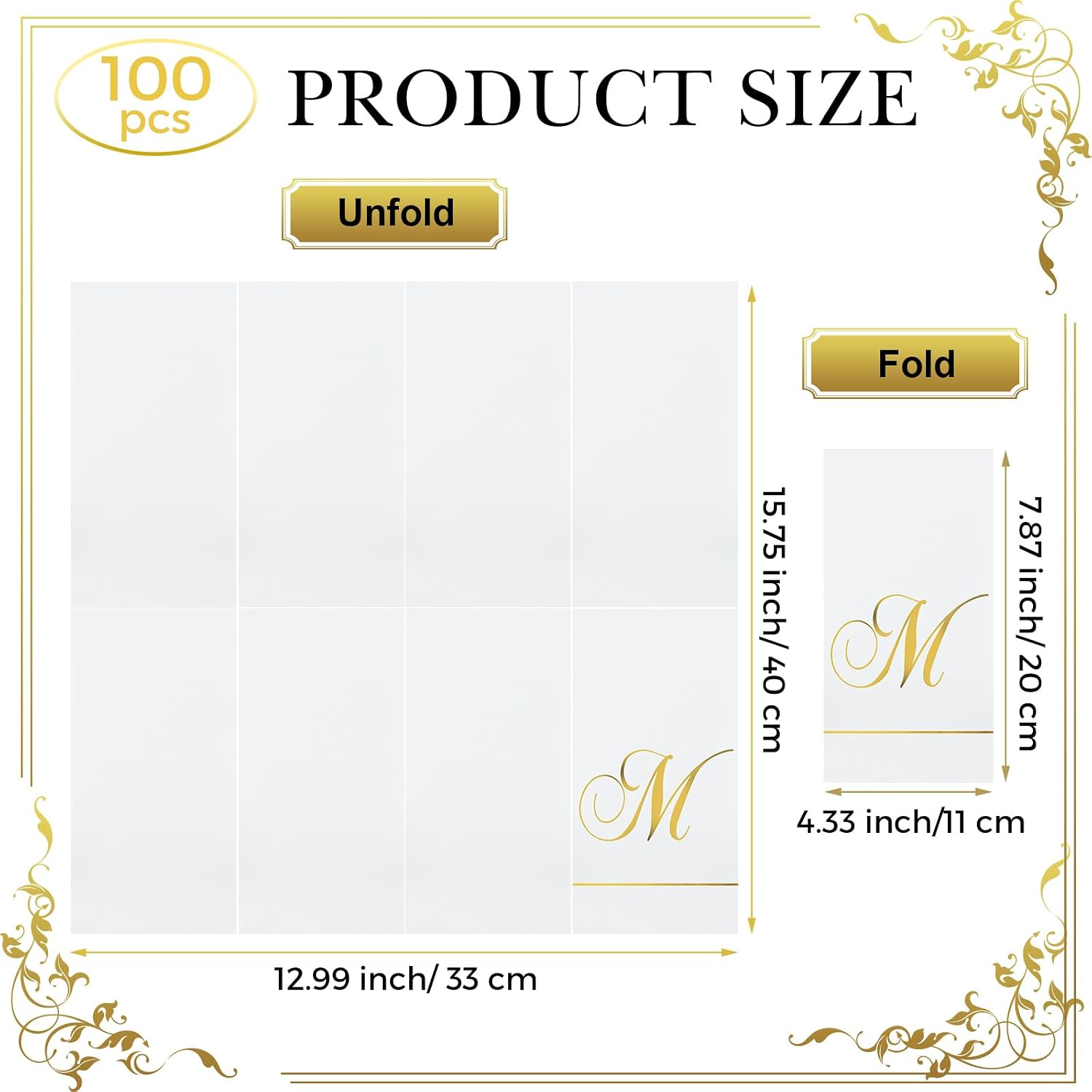 Pasimy 100 Pcs Initial Napkins Monogram Guest Napkins Gold Letter Paper Towels Disposable Elegant Dinner Towels for Wedding Bridal Shower Holiday Birthday Party Tableware Decor(M Letter)