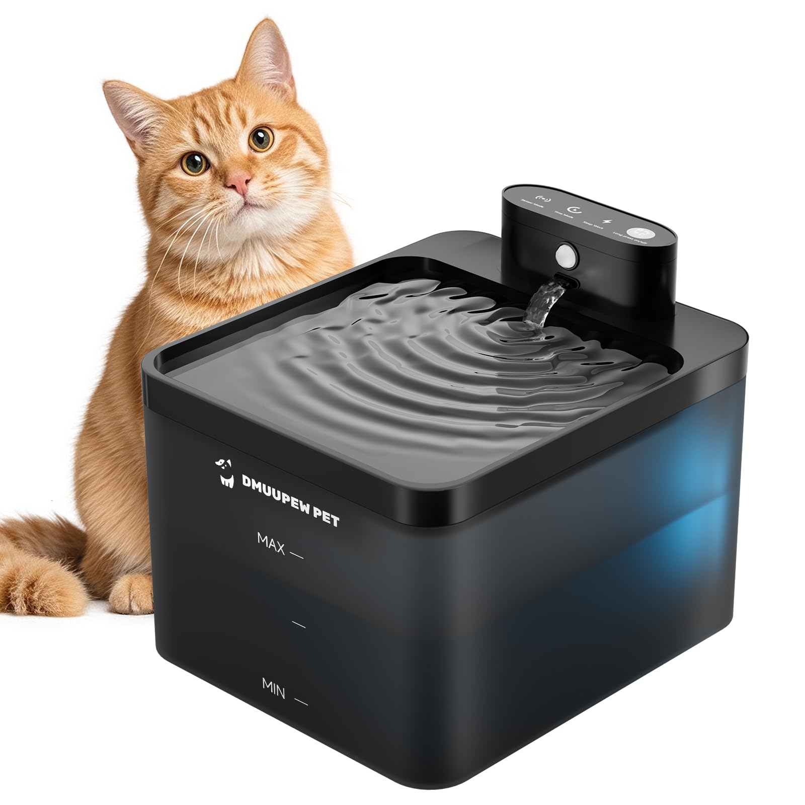 Katzenbrunnen, 2,2 L, kabellos mit LED, Bewegungsmelder, leise Pumpe 30dB, Batterie 2600mAh, Premium-Filtration