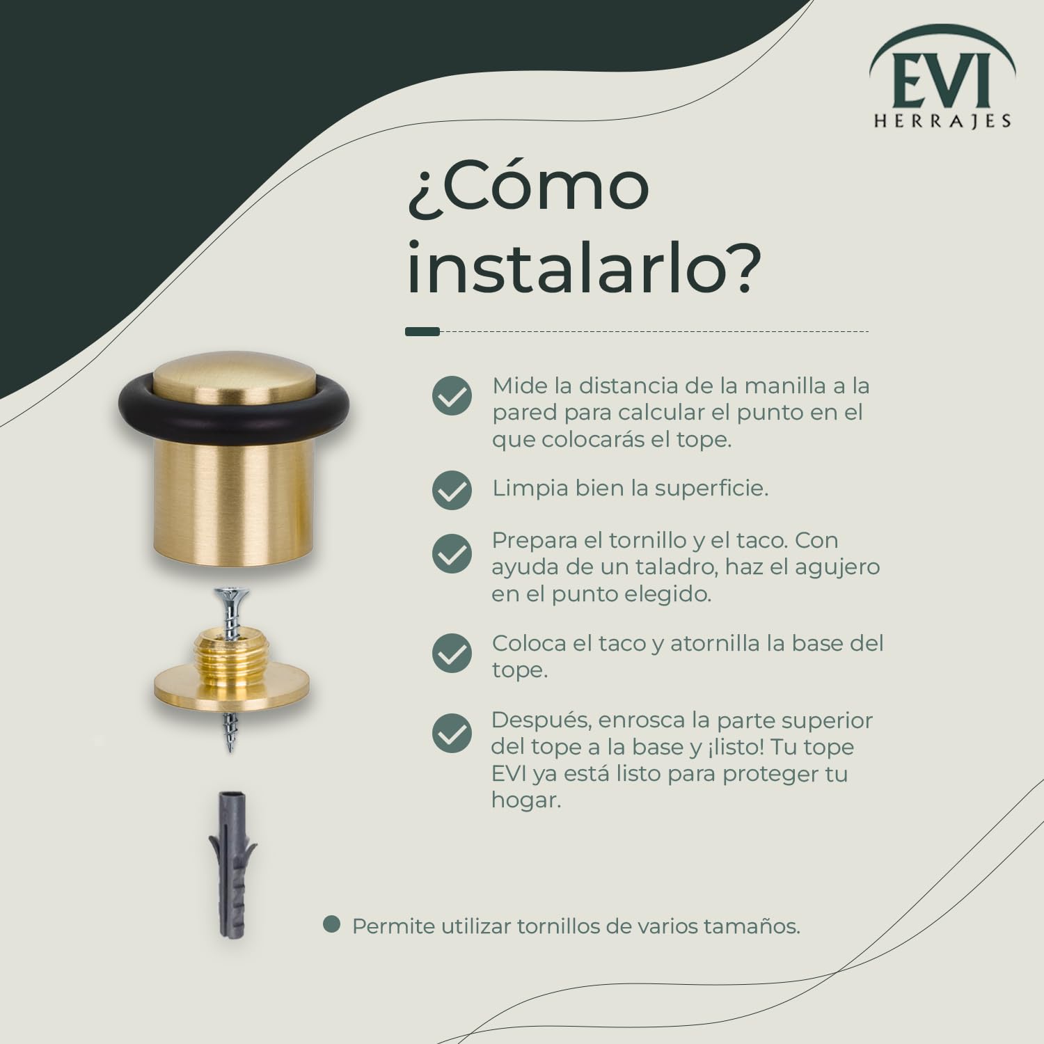 EVI Herrajes | Pack de 2 Topes de Puerta | Ø24 x 30mm | Base Roscada | Goma Negra de Silicona Natural | Latón | Incluye Taco + Tornillo | I-138CBMT