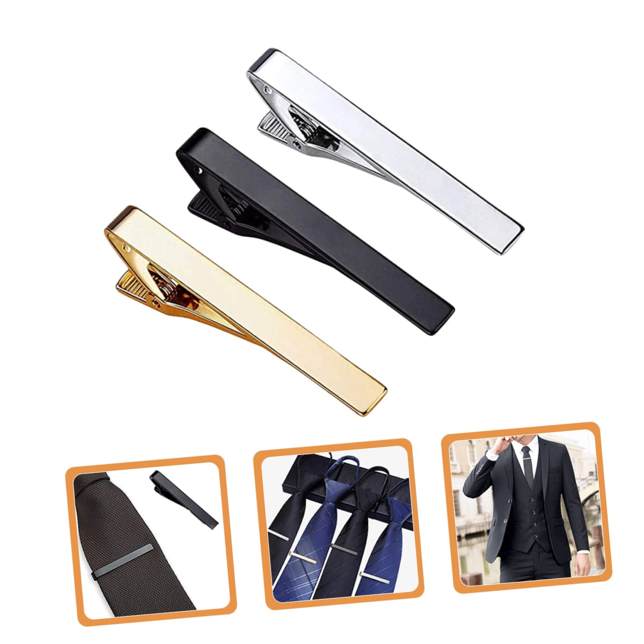 3 Stück-pack Herren Krawattenklammern aus Kupfer in Silber Gold und Schwarz Modisches und Vielseitiges Accessoire für Business Meetings und Alltag